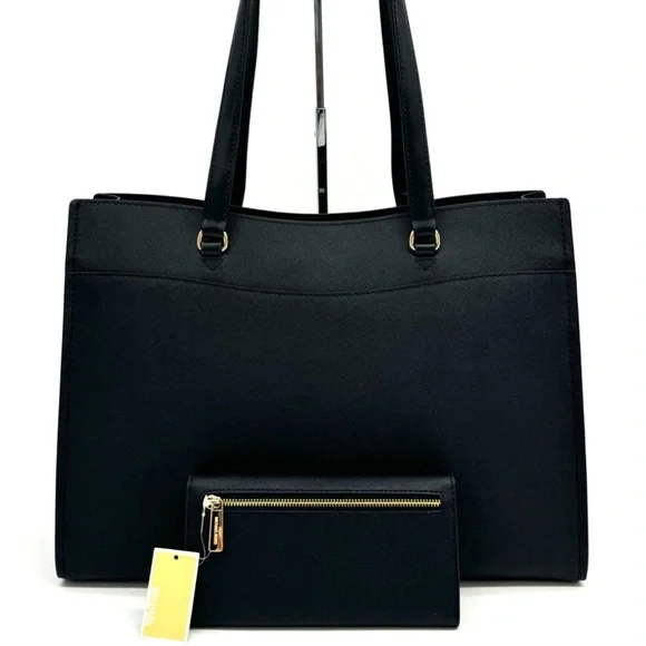 Michael Kors Large MF Pocket Shoulder Tote Bag & Trifold Wallet Black/Gold